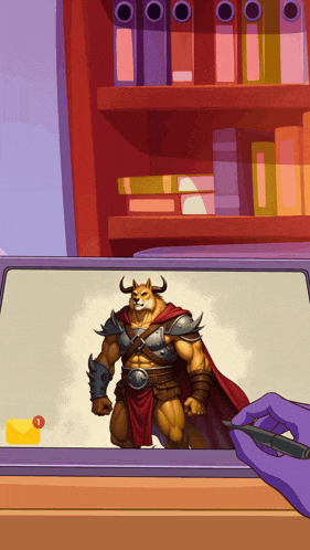 a cartoon drawing of a doge with a cape and armor