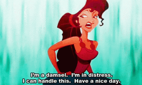 a cartoon of a woman saying i 'm a damsel i 'm in distress