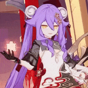 a girl with purple hair and yellow eyes is holding a sword in her hand .