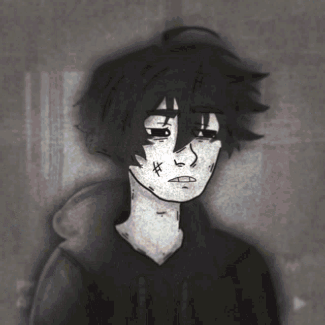 a black and white drawing of a boy with a hoodie on