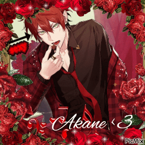 a picture of a man surrounded by red roses with the name akane 3