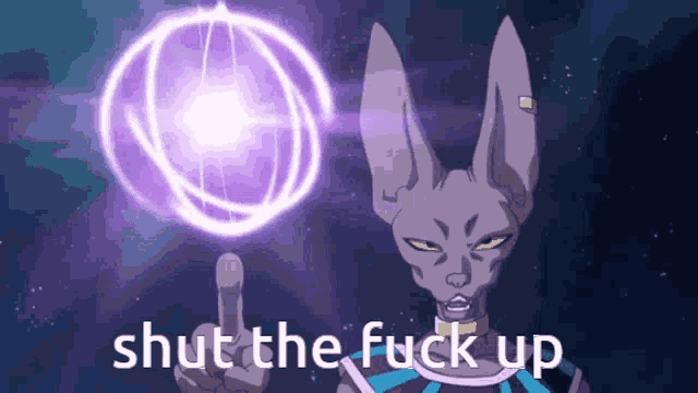 a cartoon character says shut the fuck up while holding a purple ball