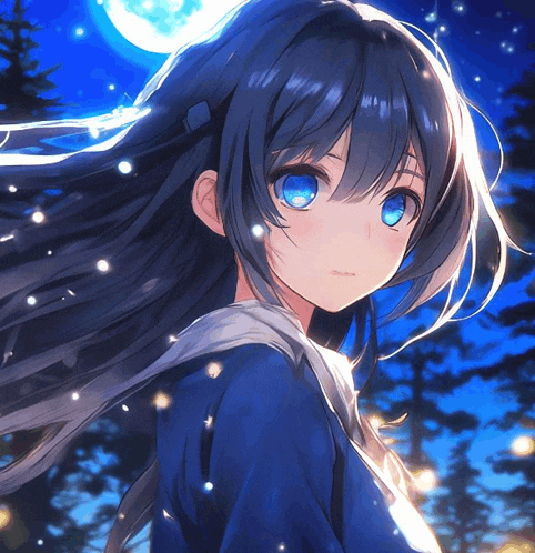 a girl with long black hair and blue eyes is wearing a blue jacket