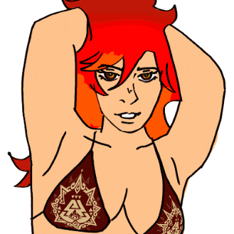 a drawing of a woman with red hair wearing a bikini top with a symbol on it