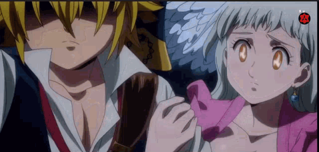 a man and a woman are standing next to each other in an anime scene .