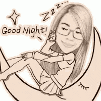 a woman is sleeping on a crescent moon with the words `` good night '' written on it .