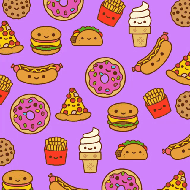 a purple background with a pattern of fast food including a donut a hamburger a hot dog and a cookie