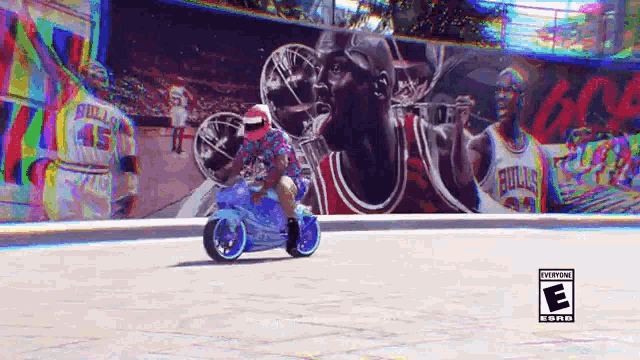 a man is riding a toy motorcycle in front of a mural of michael jordan .