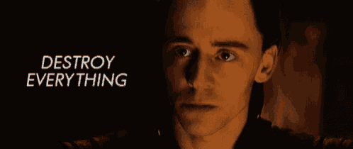 a close up of a man 's face with the words " destroy everything " behind him