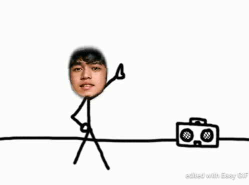 a stick figure is standing next to a boombox and giving a thumbs up .