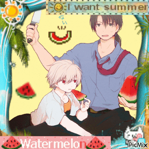 a picture of a man holding a knife and a boy eating watermelon with the words " i want summer watermelon "
