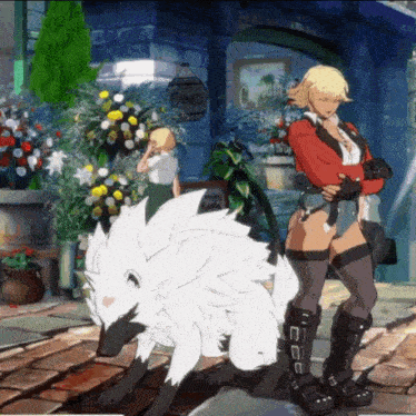 a woman in a red jacket stands next to a white wolf