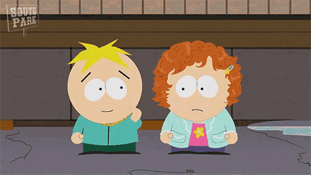 two cartoon characters standing next to each other with a sign above them that says south park