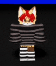 a cartoon fox with red hair is wearing a black and white striped shirt and striped pants .