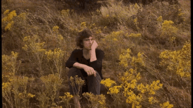 a young man sits in a field of yellow flowers