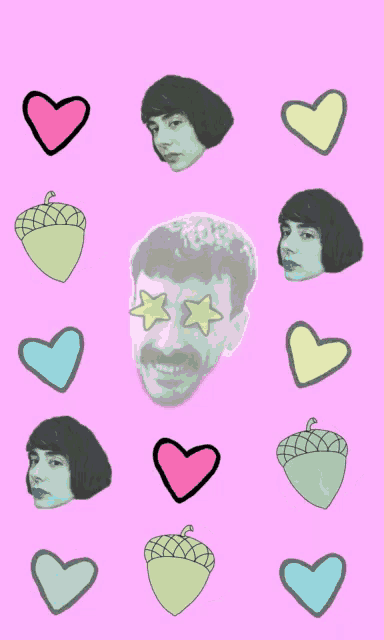 a pink background with hearts and a man 's face and the words solo veo bellotas