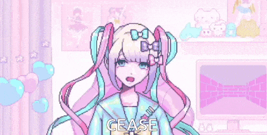 a pixel art drawing of a girl with a bow in her hair and the words " cease " on the bottom
