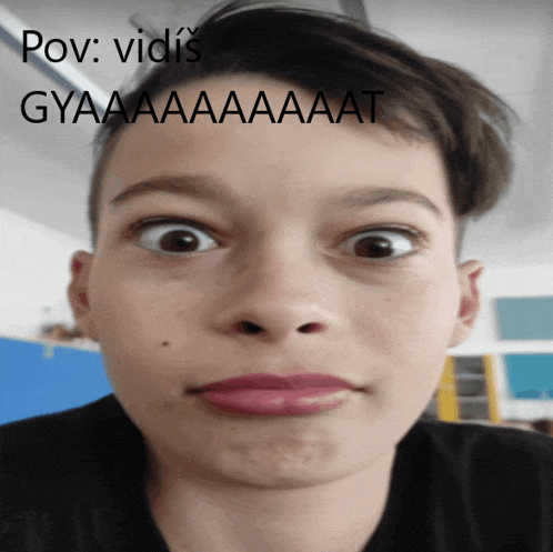 a close up of a person 's face with a caption that says pov : vidis gyaaaaaaaat
