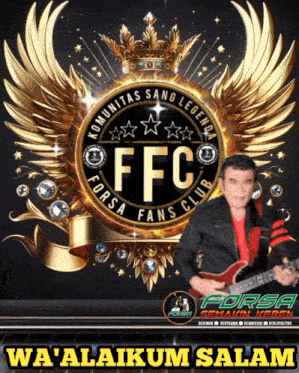 a man playing a guitar in front of a forsa fans club emblem