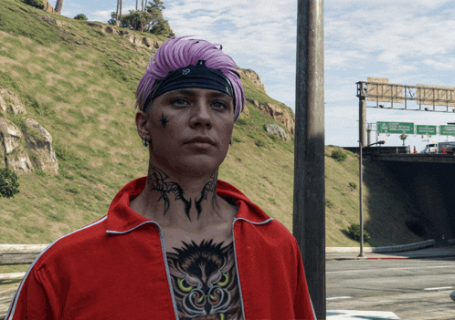 a man with purple hair and a tattoo on his neck stands in front of a highway