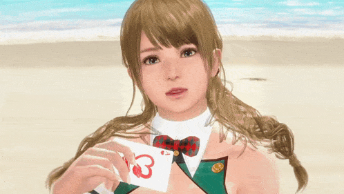a girl in a bikini is holding a card with the letter b on it