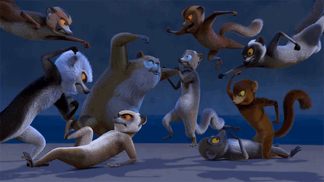 a group of cartoon monkeys are dancing in a dark room