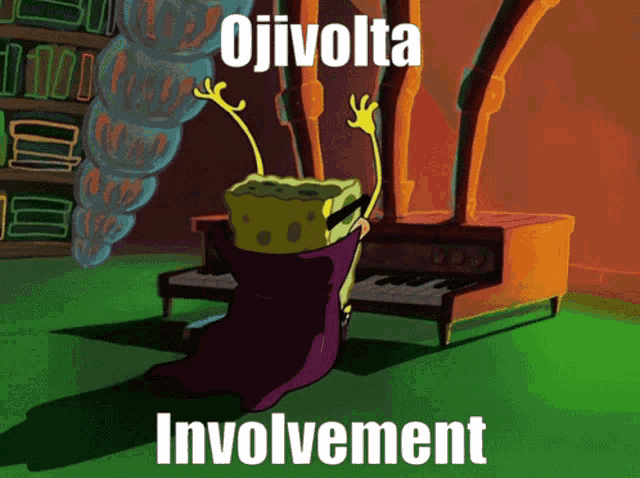 a cartoon of spongebob playing a piano with the words ojivolta involvement above him