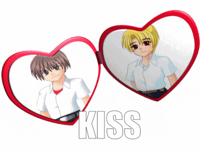 a picture of two boys in a heart shaped frame with the word kiss below them