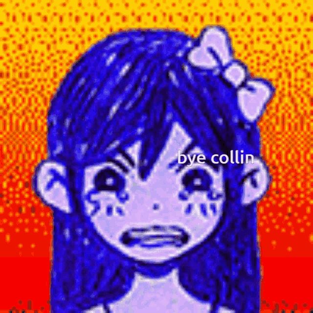 a cartoon girl with blue hair and a bow on her head is crying and says `` bye collin '' .