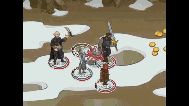 a screenshot of a video game shows a group of characters including a man with a sword and a shield