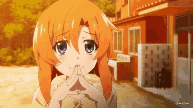 a girl with orange hair and blue eyes is standing in front of a building