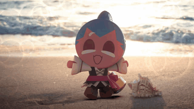 a cartoon character is sitting on the beach with a seashell