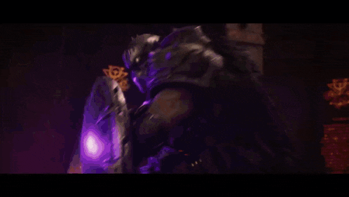 a purple robot is shooting a beam of light in the dark
