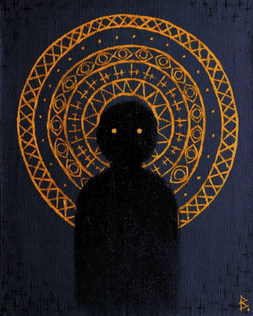 a drawing of a person standing in front of a purple and green circle
