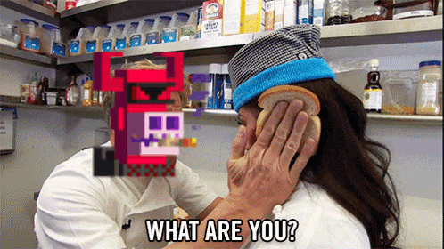 a man holds a slice of bread over a woman 's ear and says " what are you "
