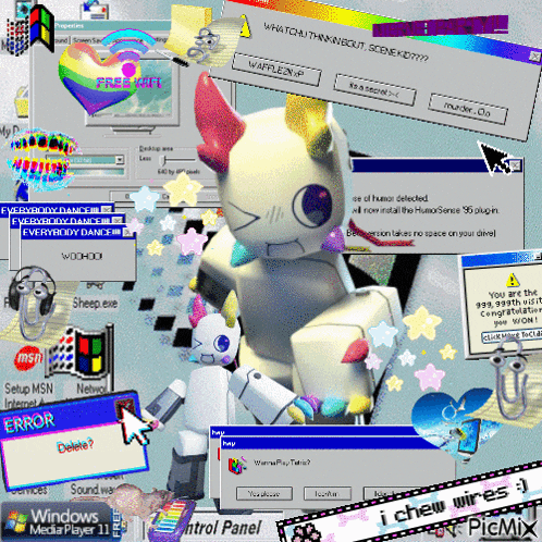 a collage of computer screens including one that says ' i chew wires '