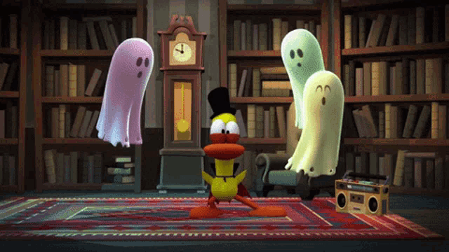 a cartoon duck is surrounded by ghosts and a clock that says 7:30
