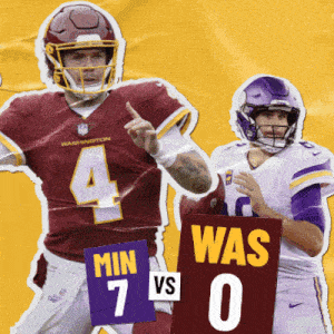 a washington football player and a minnesota vikings player holding signs that say min 7 vs 0