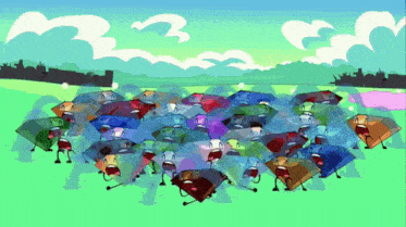 a bunch of cartoon characters are standing in a field with the number 3 in the sky