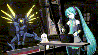 hatsune miku is standing in front of a table with a robot behind her