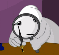 a white cartoon character is looking through a magnifying glass