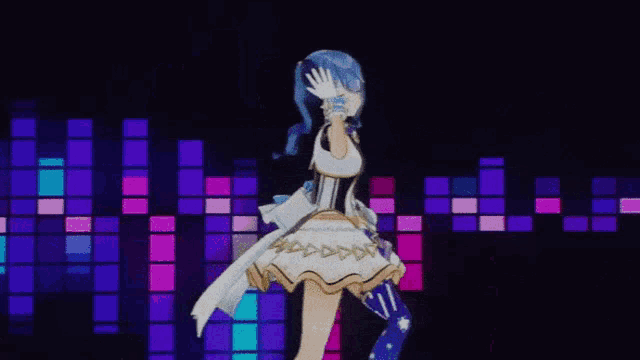 two anime girls are dancing on a stage with purple and blue lights