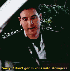 a man in a suit and tie is saying sorry i don 't get in vans with strangers