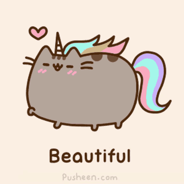 a drawing of a cat with a unicorn horn and tail says beautiful