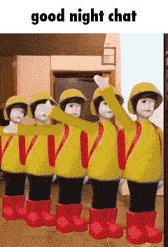 a group of cartoon characters wearing yellow jackets and red boots are standing in a line with the words good night chat above them