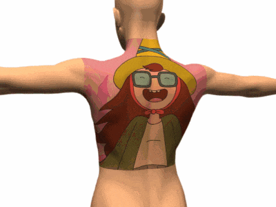 a man has a tattoo of a girl with glasses on his back