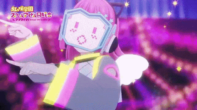 a girl wearing a mask and headphones is pointing at something in a purple background .