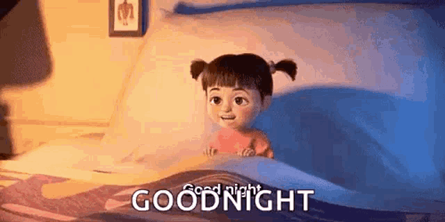 a cartoon girl is laying in a bed with the words `` good night '' written on the bottom .