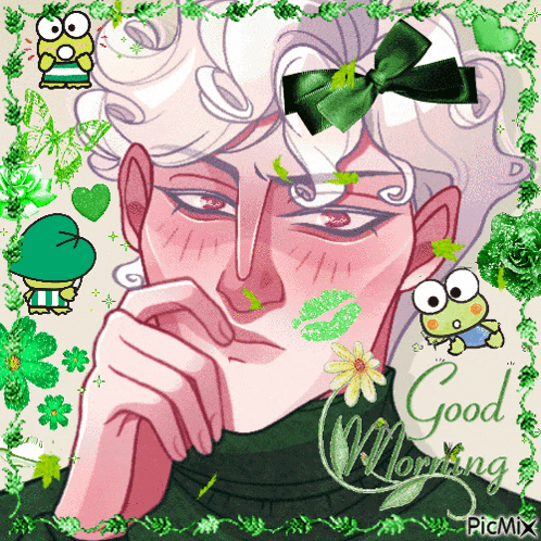 a drawing of a man with a green bow on his head and the words good morning on the bottom