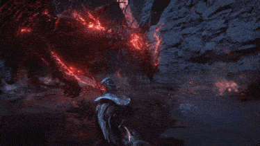a skeleton is being attacked by a monster with red lightning behind it